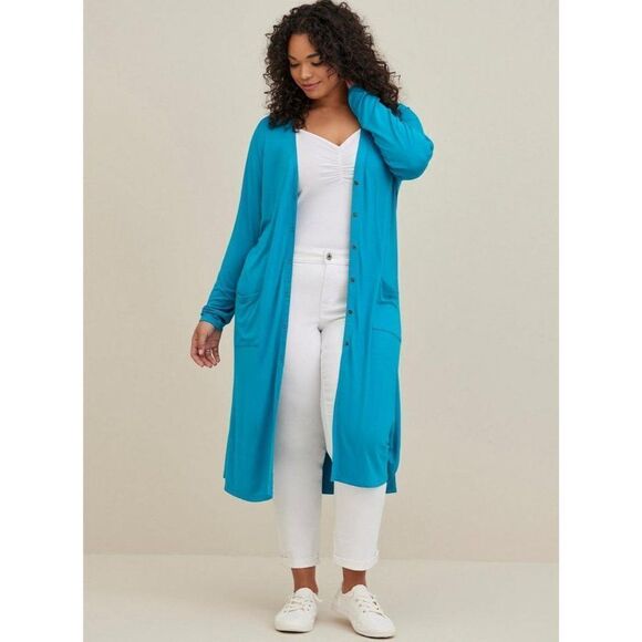 Torrid Super Soft Knit Longline Button Front Cardigan Size 1X Blue Rayon Stretch - Picture 1 of 12